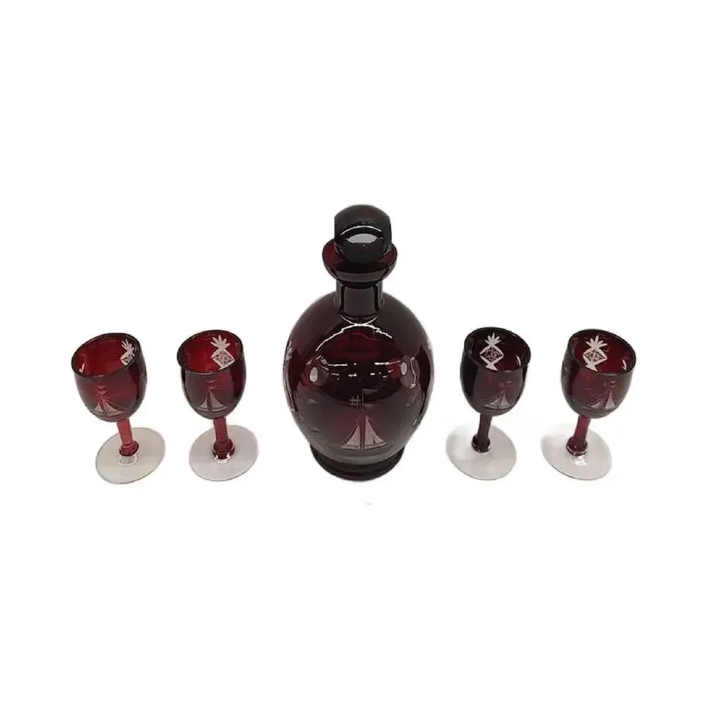 Mid Century Bohemia Cut to Clear Ruby Red Stemmed Cordial Decanter Set